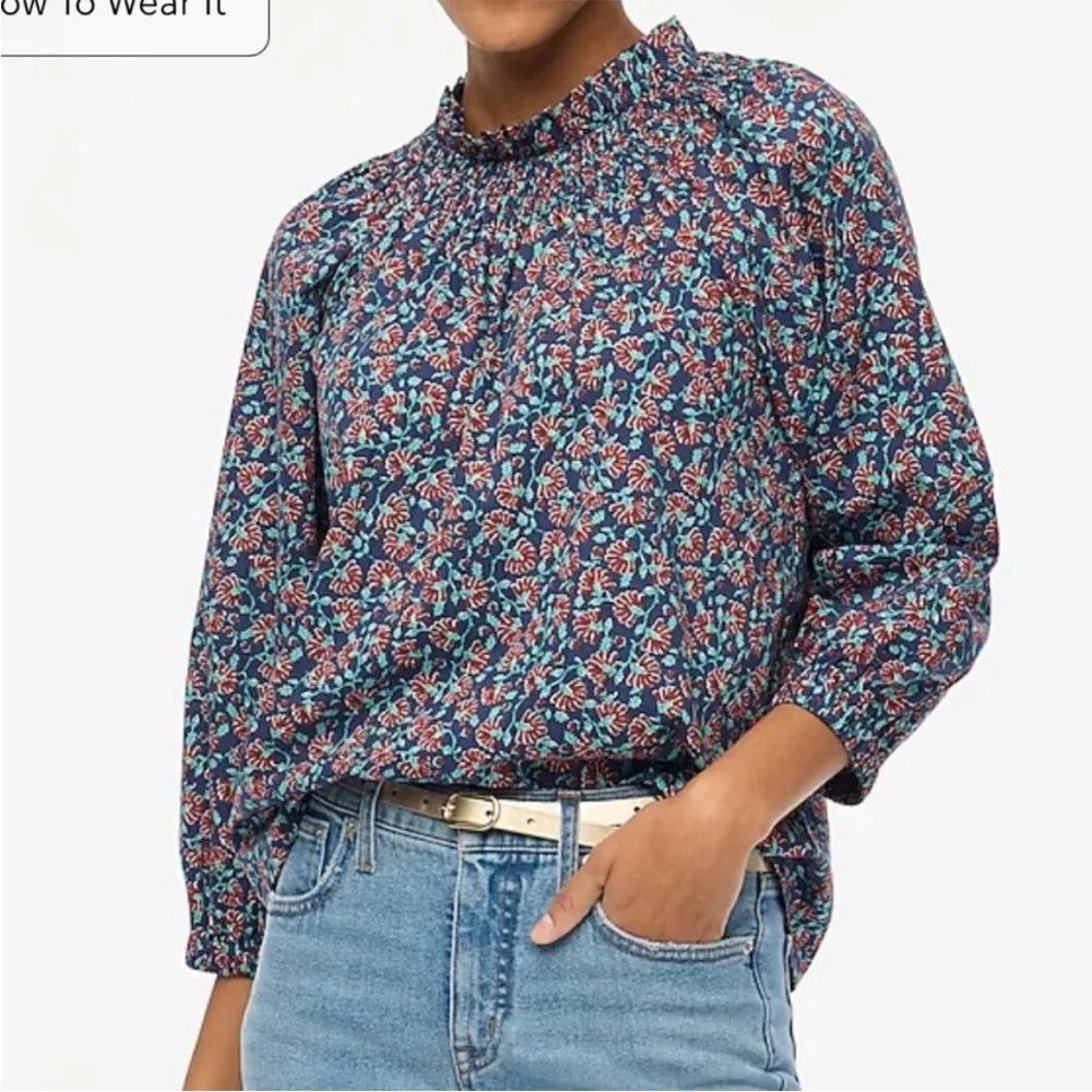 J. Crew Smocked-Neck Print Top